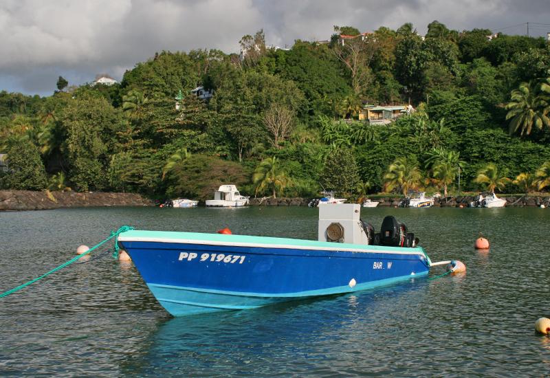 Guadeloupe. Trois-Rivières, embarcadère, bateaux de pêche au mouillage